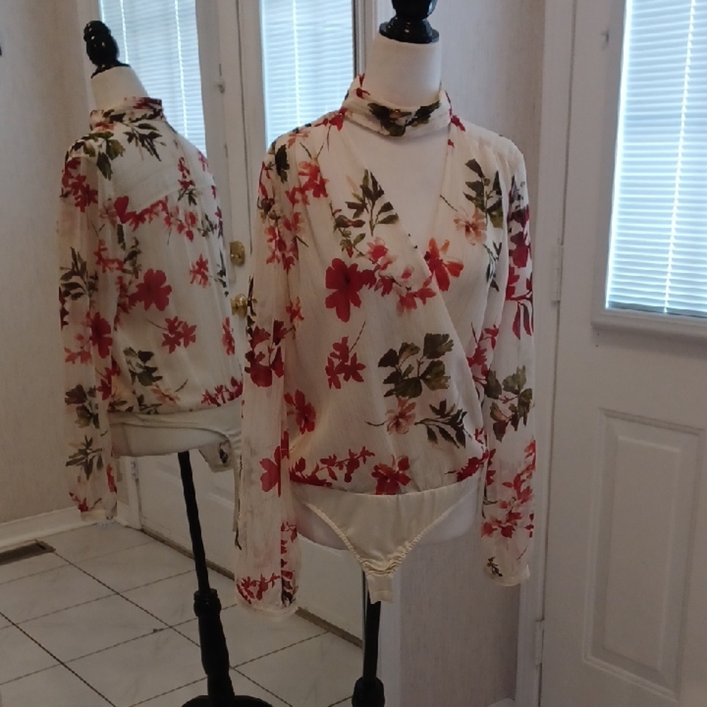 4/$40 Floral Sheer Bodysuit Blouse - Size Medium